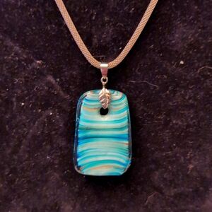 Blue and White Murano Glass Style Wave Pendant With Silver Toned Necklace